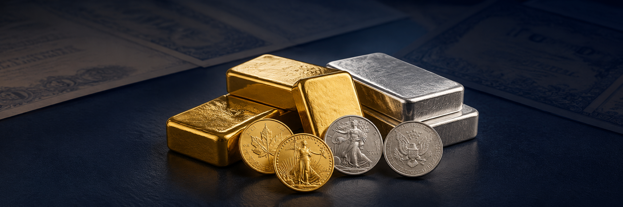 Gold and silver bullion representing precious-metals investing